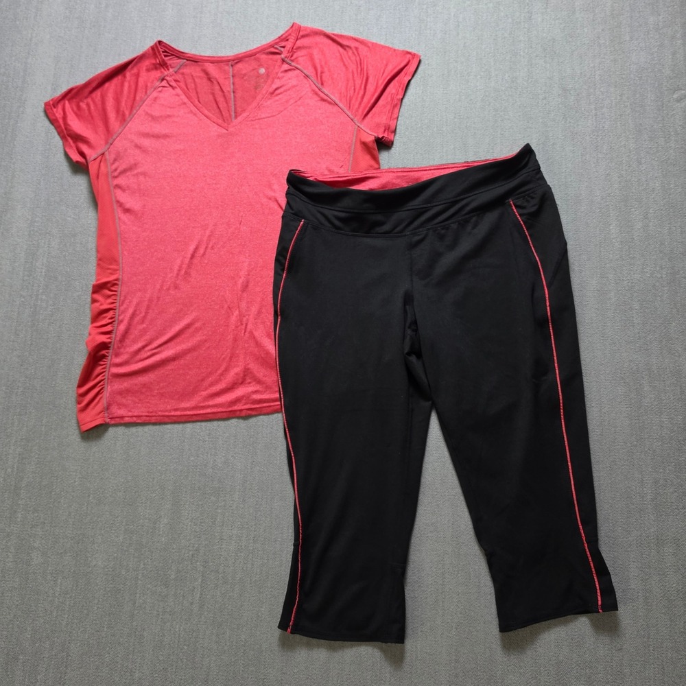 Tangerine Activewear Set Women Large Coral Red Black V-Neck Top Cropped Leggings
